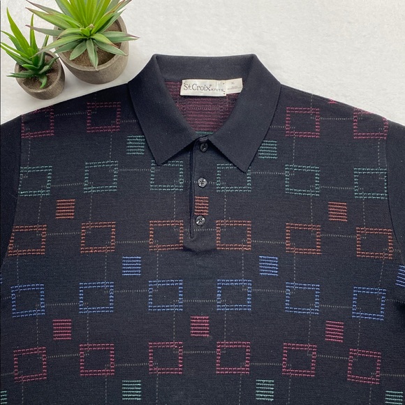 St. Croix Knits Vintage Wool Blend Geometric Pattern Long Sleeve Sweater Polo - Picture 5 of 16